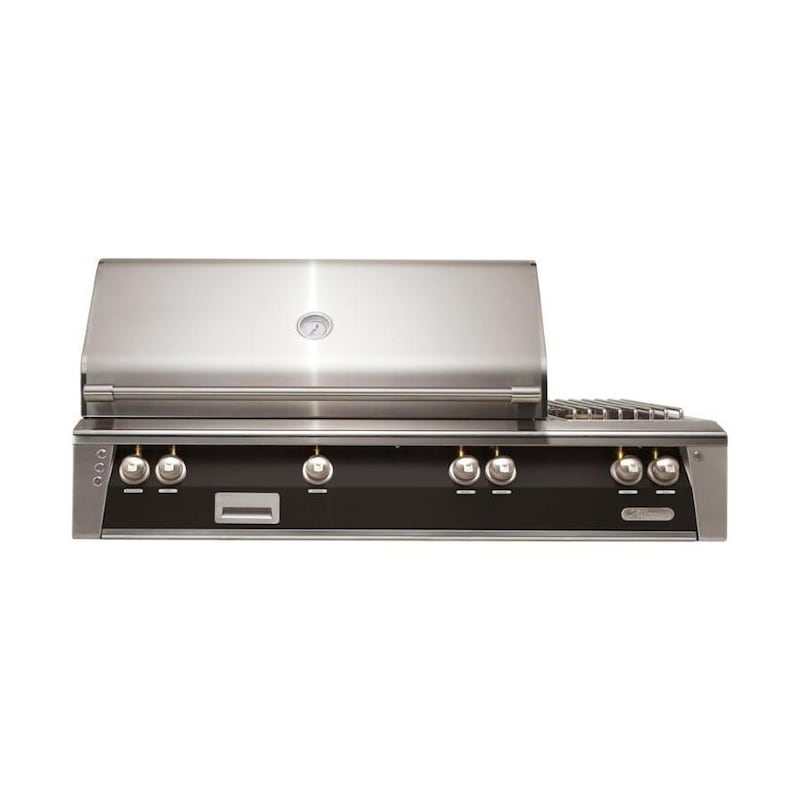 Alfresco ALXE 56-inch built-in stainless steel gas grill with rotisserie and side burner in jet black matte