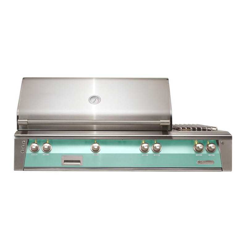 Alfresco ALXE 56-inch built-in natural gas grill with rotisserie and light green front panel