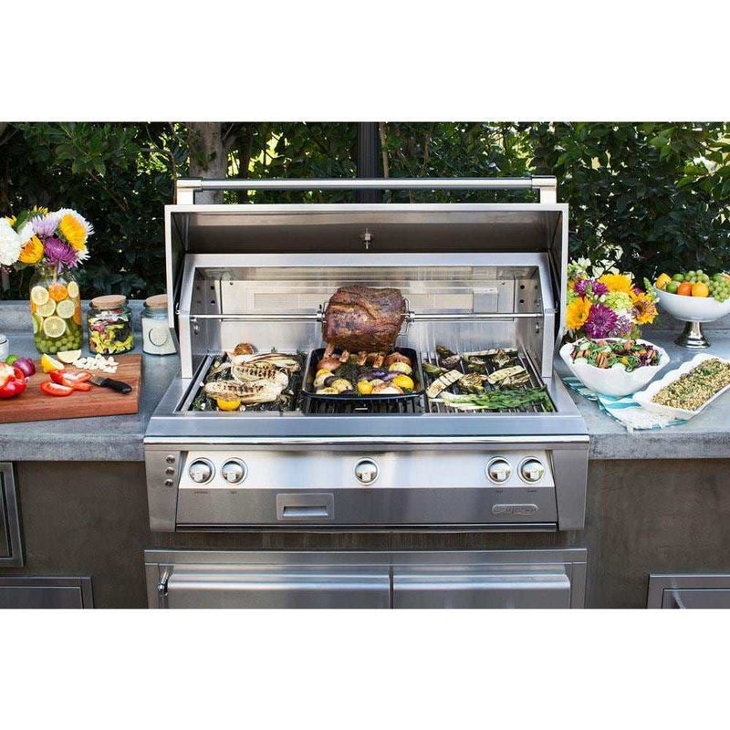 Alfresco ALXE 56-Inch Built-In Natural Gas Deluxe Grill With Rotisserie And Side Burner in Raspberry Red - ExceptionalFire