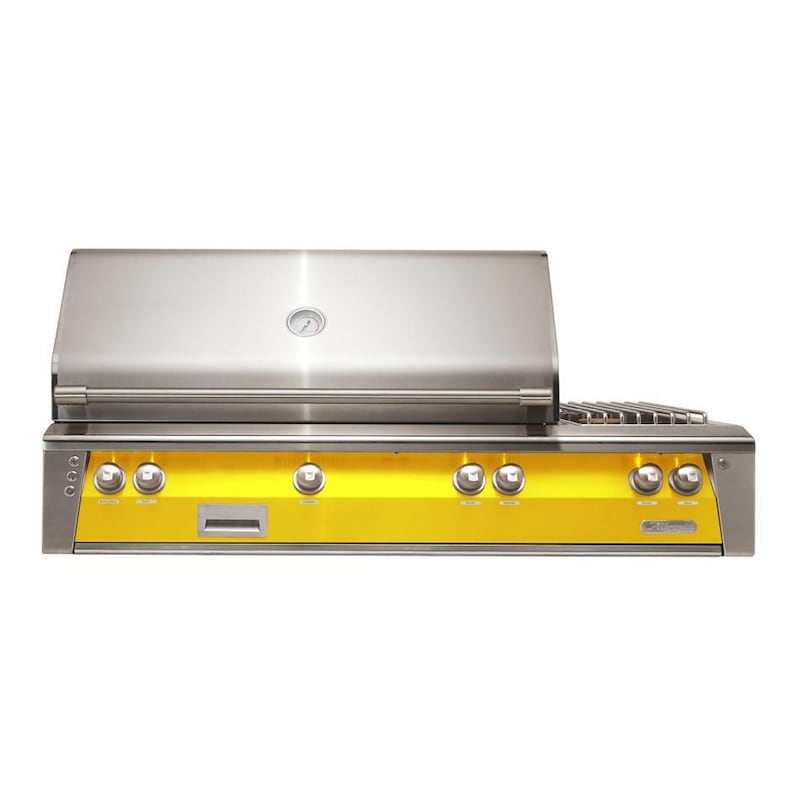 Alfresco ALXE 56-inch built-in natural gas grill in yellow with rotisserie and side burner
