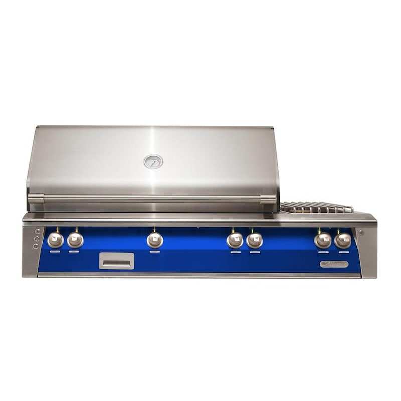 Alfresco ALXE 56-inch built-in natural gas grill with rotisserie and side burner in blue