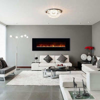 Modern Flames Ambiance 80-inch wall mount electric fireplace with orange flames in contemporary living room