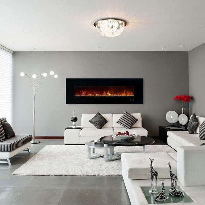 Modern Flames Ambiance 80-inch wall mount electric fireplace with orange flames in contemporary living room