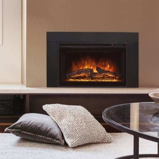 Modern Flames ZCR 2 Series 43 inch built-in electric firebox insert with realistic LED flame and driftwood log set in living room setting