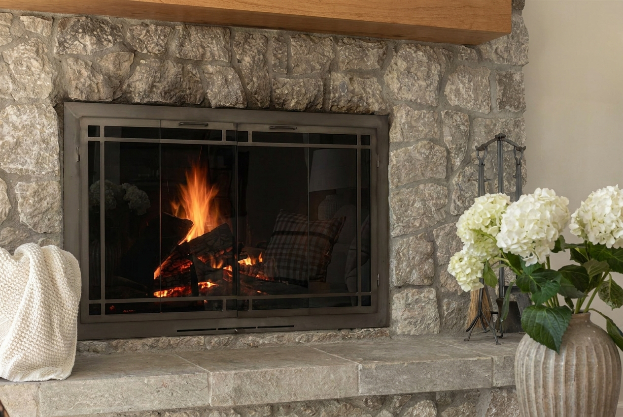 AI-enhanced visualization of dark metal fireplace doors in a natural stone surround with an oak mantel