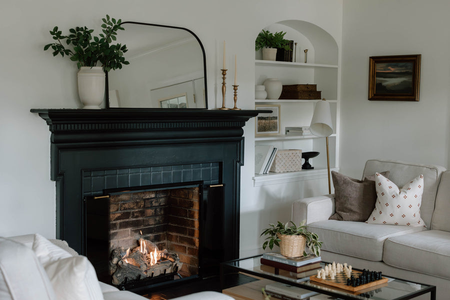 Dark fireplace surround and glass fireplace doors in a furnished living room